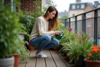 Jeune femme arrosant ses plantes sur un balcon urbain