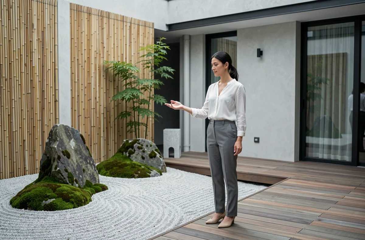 Une designeuse paysagiste de KAORI présente un jardin zen d'inspiration japonaise avec gravier ratissé, pierres moussues et écrans en bambou dans une cour contemporaine