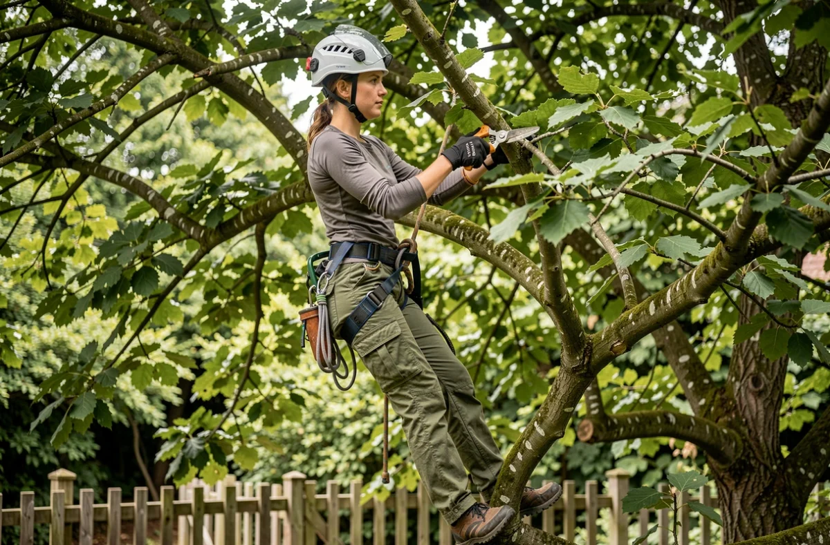 Grimpeuse de La Tête dans les Arbres travaillant en hauteur dans la canopée d'un hêtre en Yvelines