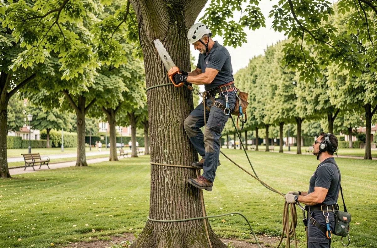 Arboriste de LSR Espaces Verts en train d'élaguer un tilleul en hauteur dans un parc des Hauts-de-Seine