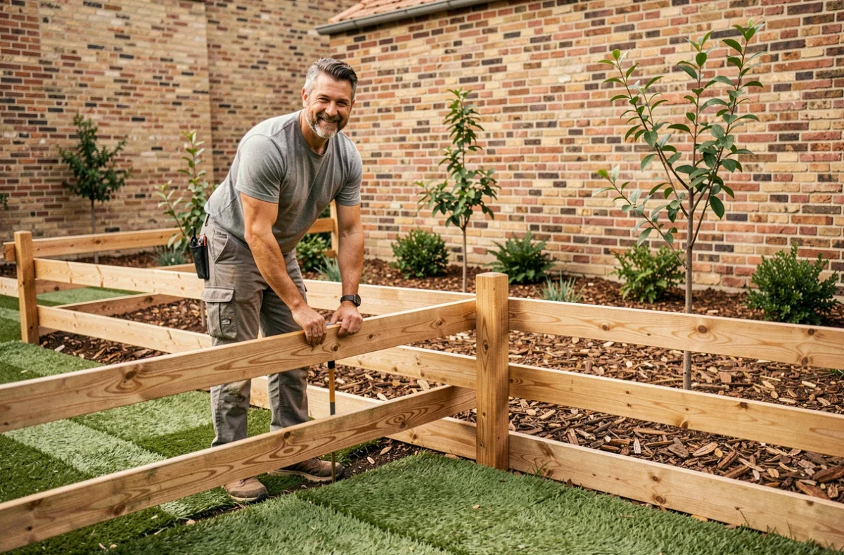 Un jardinier paysagiste de Ludovic Gregoris installe une clôture en bois naturel autour d'un jardin fraîchement aménagé avec gazon, jeunes arbres et paillis en Haute-Garonne