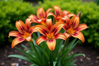 Lys asiatiques en fleurs avec pétales orange et rouges tachetés dans un massif de jardin bien entretenu