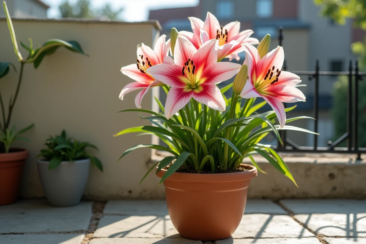 Lys asiatique en pot sur un balcon en pierre avec fleurs roses et blanches rayées en pleine floraison