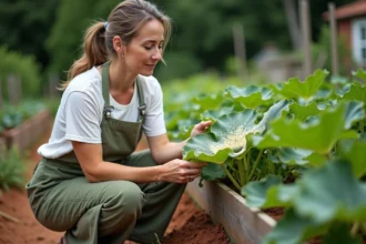 Jardinière examinant des feuilles de courgette atteintes d'oïdium dans un potager bio