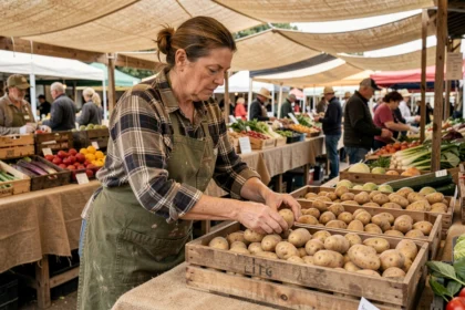 Maraîchère arrangeant des pommes de terre Columbia dans une caisse en bois sur un marché fermier