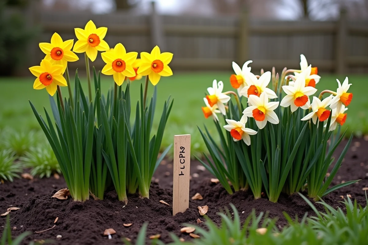 Massif de jardin au printemps montrant deux groupes distincts de bulbes fleuris côte à côte, jonquilles à gauche avec leurs grandes trompettes jaunes et narcisses à droite avec leurs fleurs groupées blanc et orange