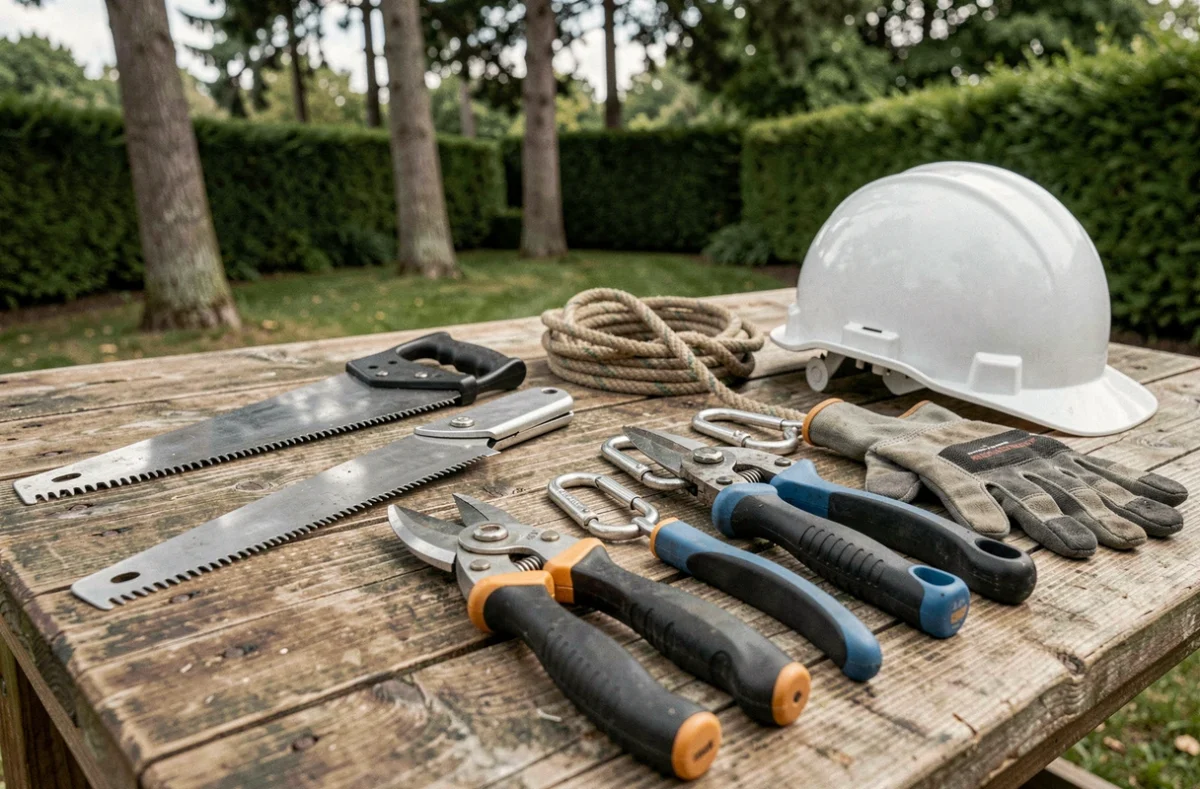 Matériel professionnel d'élagage posé sur un établi en bois dans un jardin
