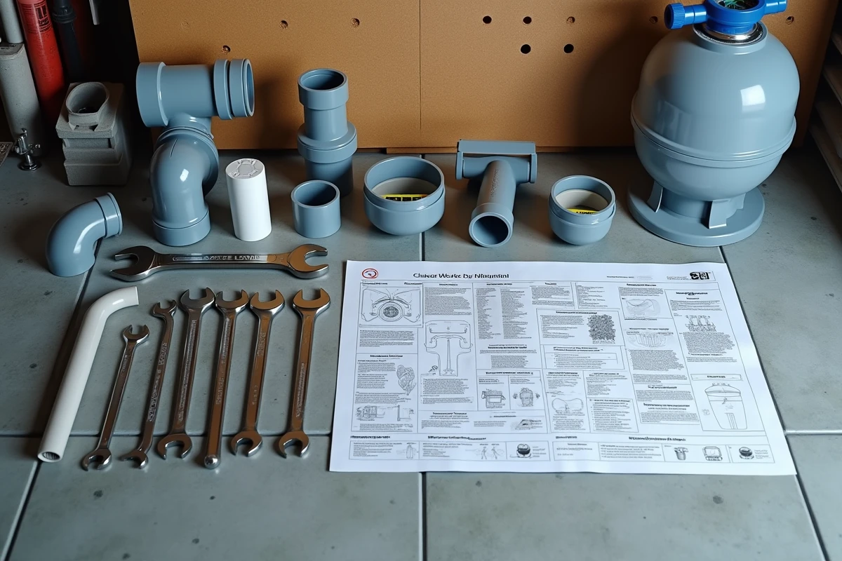 Vue de dessus du matériel nécessaire à l'installation d'une piscine coque : tuyaux PVC, niveau laser, joints et filtre à sable sur sol de garage