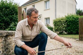 Homme mesurant les limites de son terrain avant l'installation d'un portail résidentiel