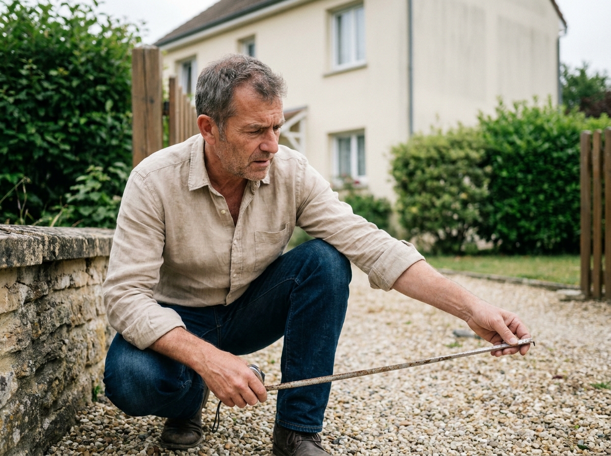 Homme mesurant les limites de son terrain avant l'installation d'un portail résidentiel
