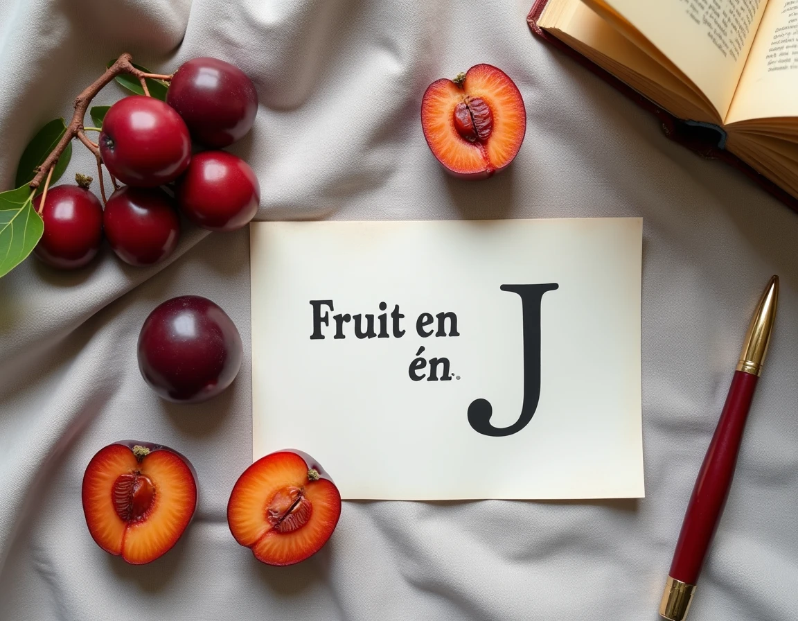 Mise à plat éducative avec des fruits en J, une fiche vocabulaire français et un dictionnaire vintage sur lin gris