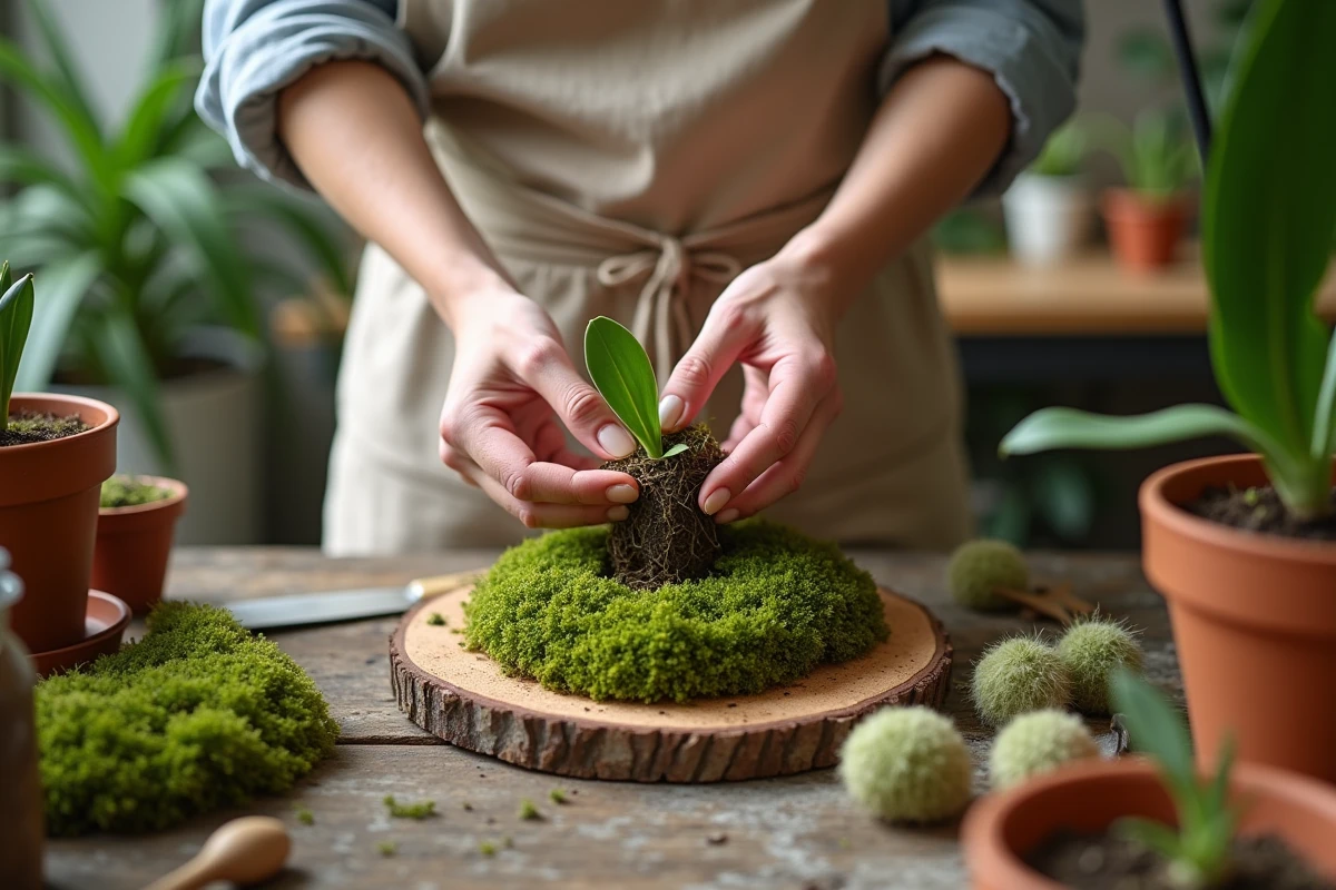 Femme réalisant un montage d'orchidée sur plaque de liège avec de la sphaigne sur un établi de jardinage en bois