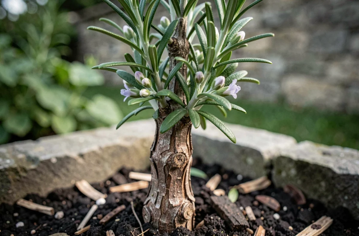 Gros plan sur une tige de romarin avec nouvelle pousse verte après taille hivernale dans un jardin en pierre
