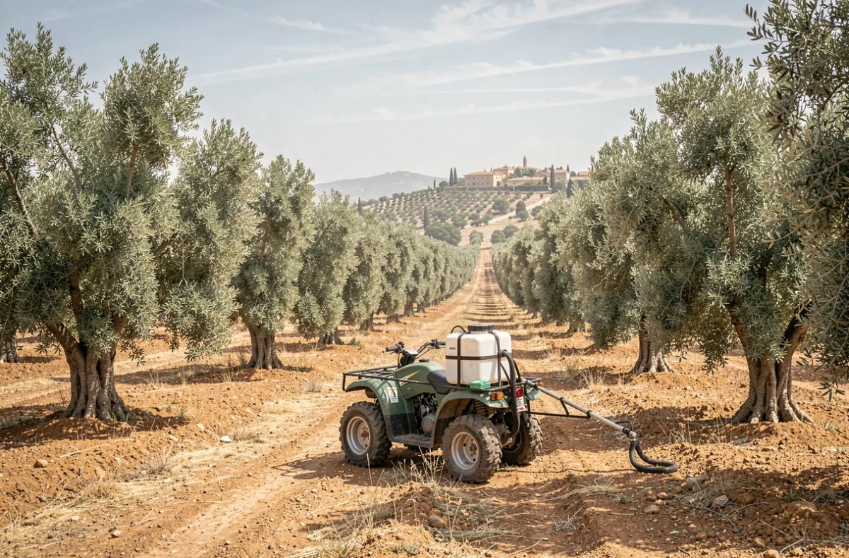 Oliveraie espagnole avec un pulvérisateur de produit herbicide posé sur un quad entre les rangées d'oliviers