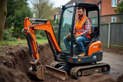 Opérateur en gilet orange conduisant une mini pelle sur un chantier résidentiel avec tranchée creusée dans un jardin