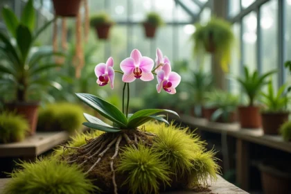 Orchidée en fleur montée sur sphaigne vivante avec racines aériennes apparentes dans un cadre de serre botanique