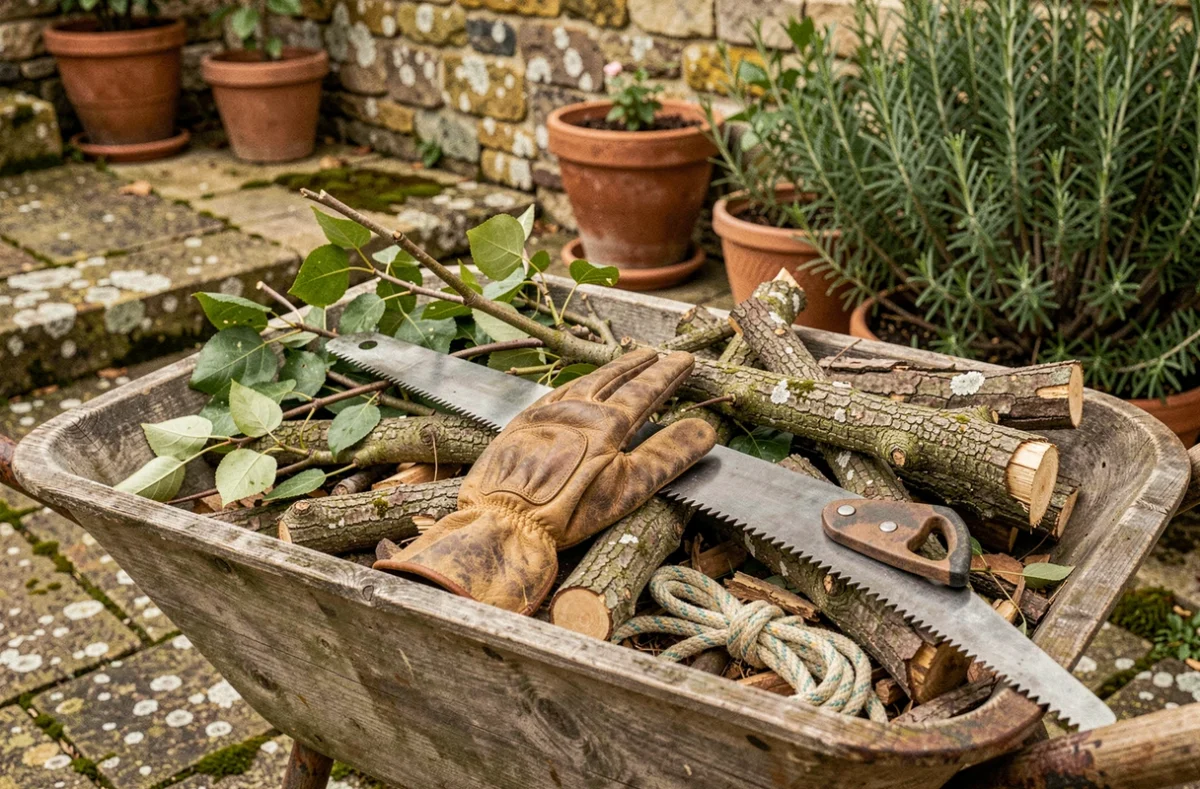 Outils d'élagage posés dans une brouette remplie de branches coupées sur une terrasse en pierre de jardin provençal