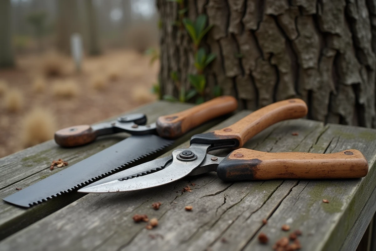 Outils de taille posés près d'un mûrier avec des coupes récentes sur l'écorce