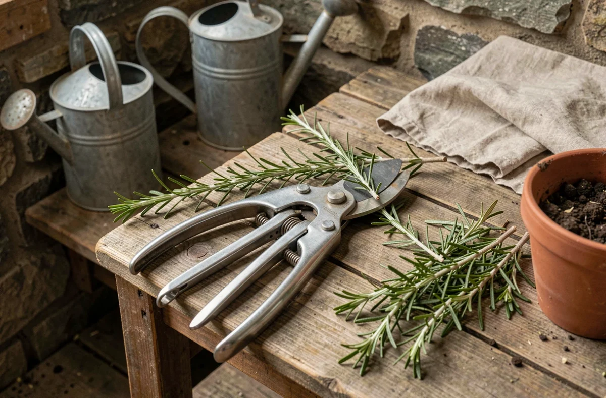 Sécateur et tiges de romarin taillées posés sur un établi en bois dans un atelier de jardinage rustique