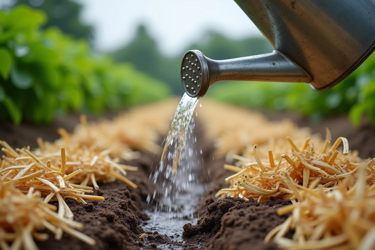 Arrosage de rangs de pommes de terre recouverts de paillage de paille avec un arrosoir métallique