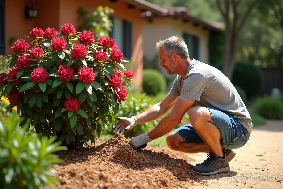 Homme appliquant du paillis autour d'un rhododendron rouge en jardin chaud et ensoleillé pour conserver l'humidité du sol