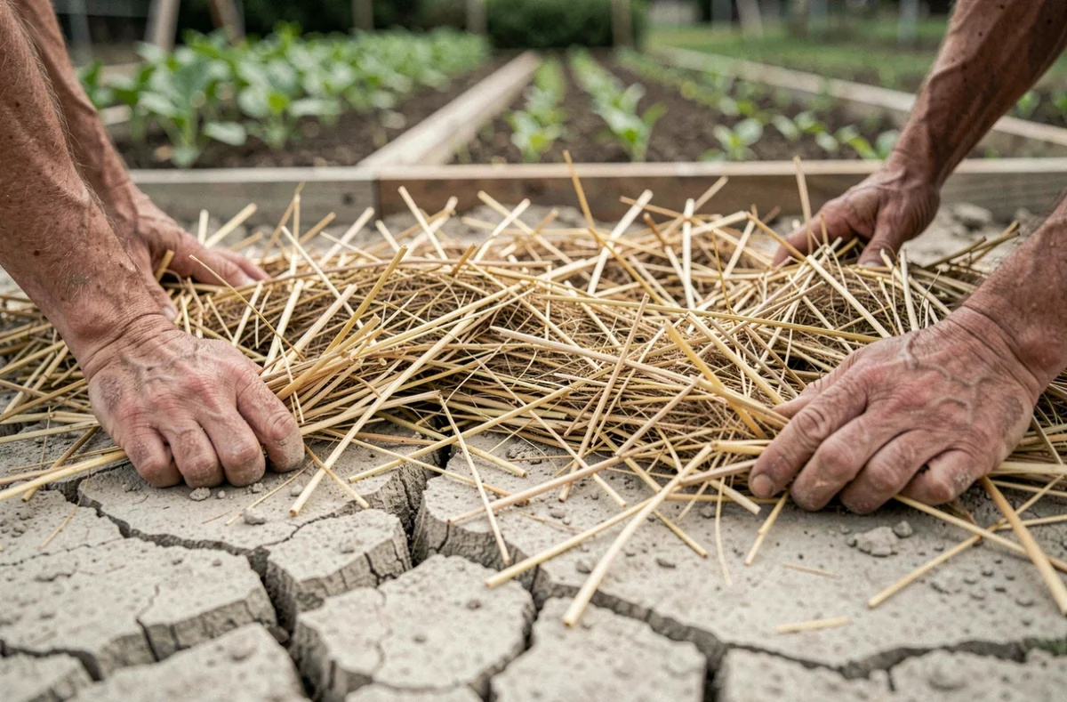 Paillage de paille appliqué sur une terre sèche et pauvre pour conserver l'humidité dans un potager