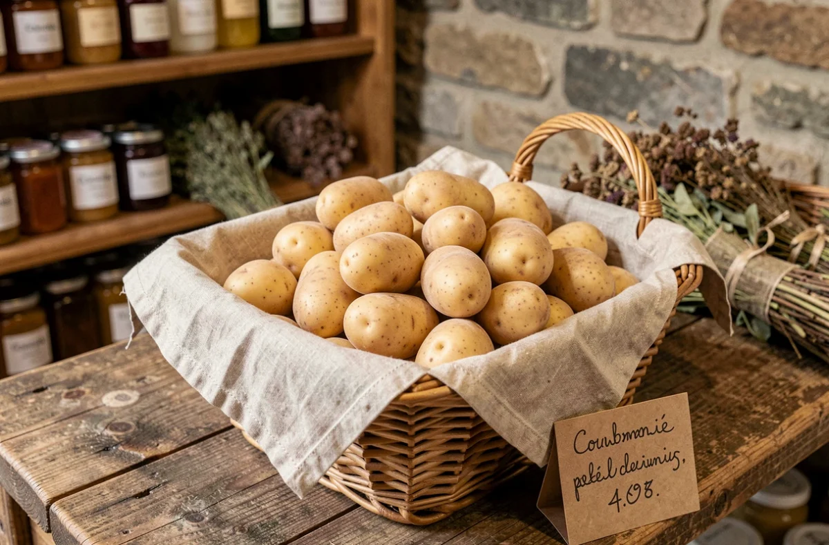 Panier de pommes de terre Columbia fraîchement lavées avec étiquette de prix sur un étal de vente directe à la ferme