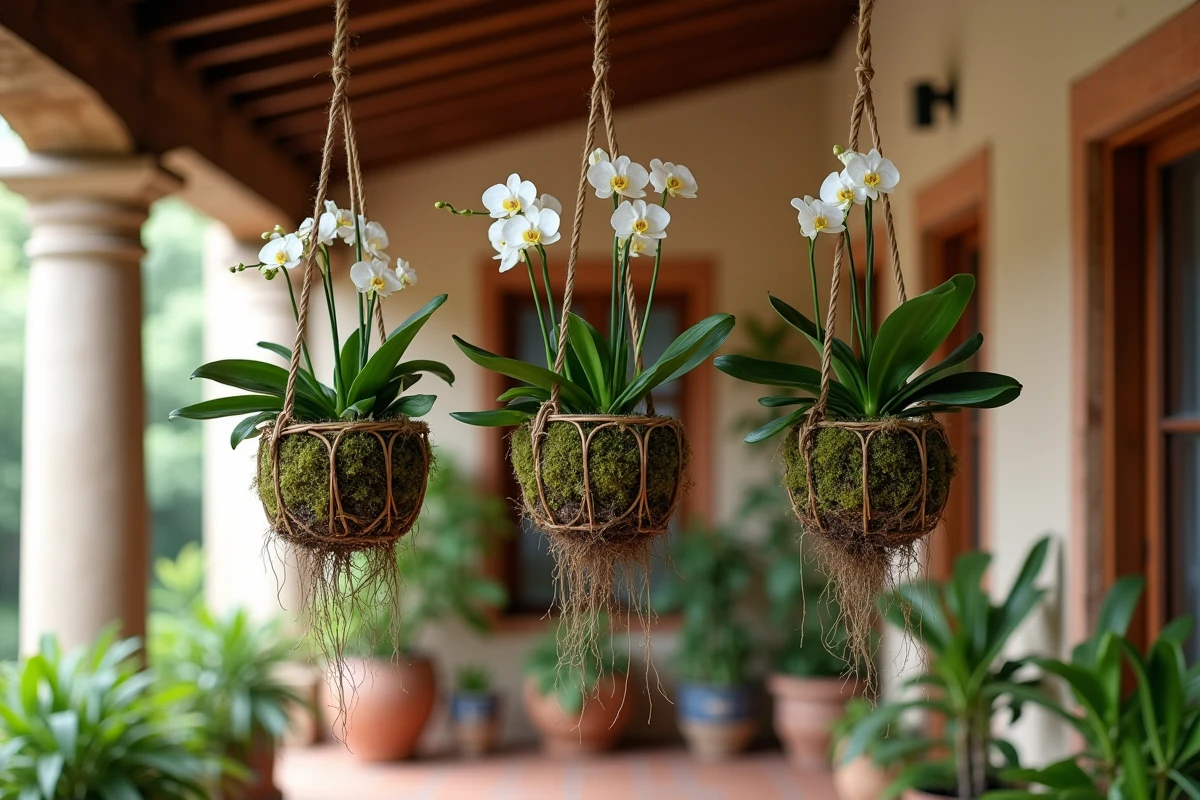 Paniers suspendus en osier garnis de sphaigne et d'orchidées variées sur une véranda rustique avec poutres en bois