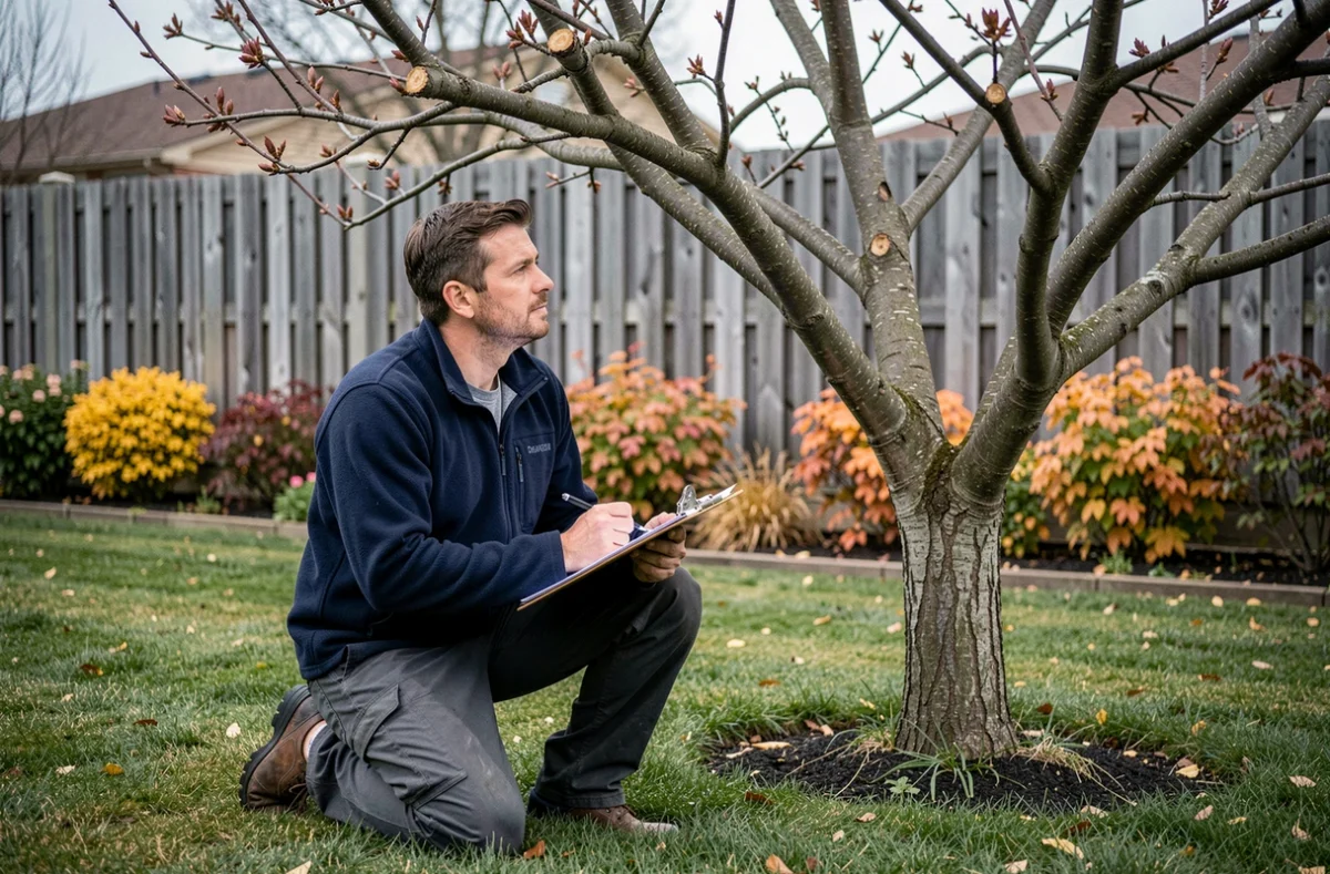 Paysagiste évaluant un cerisier ornemental dans un jardin suburban avant intervention d'élagage