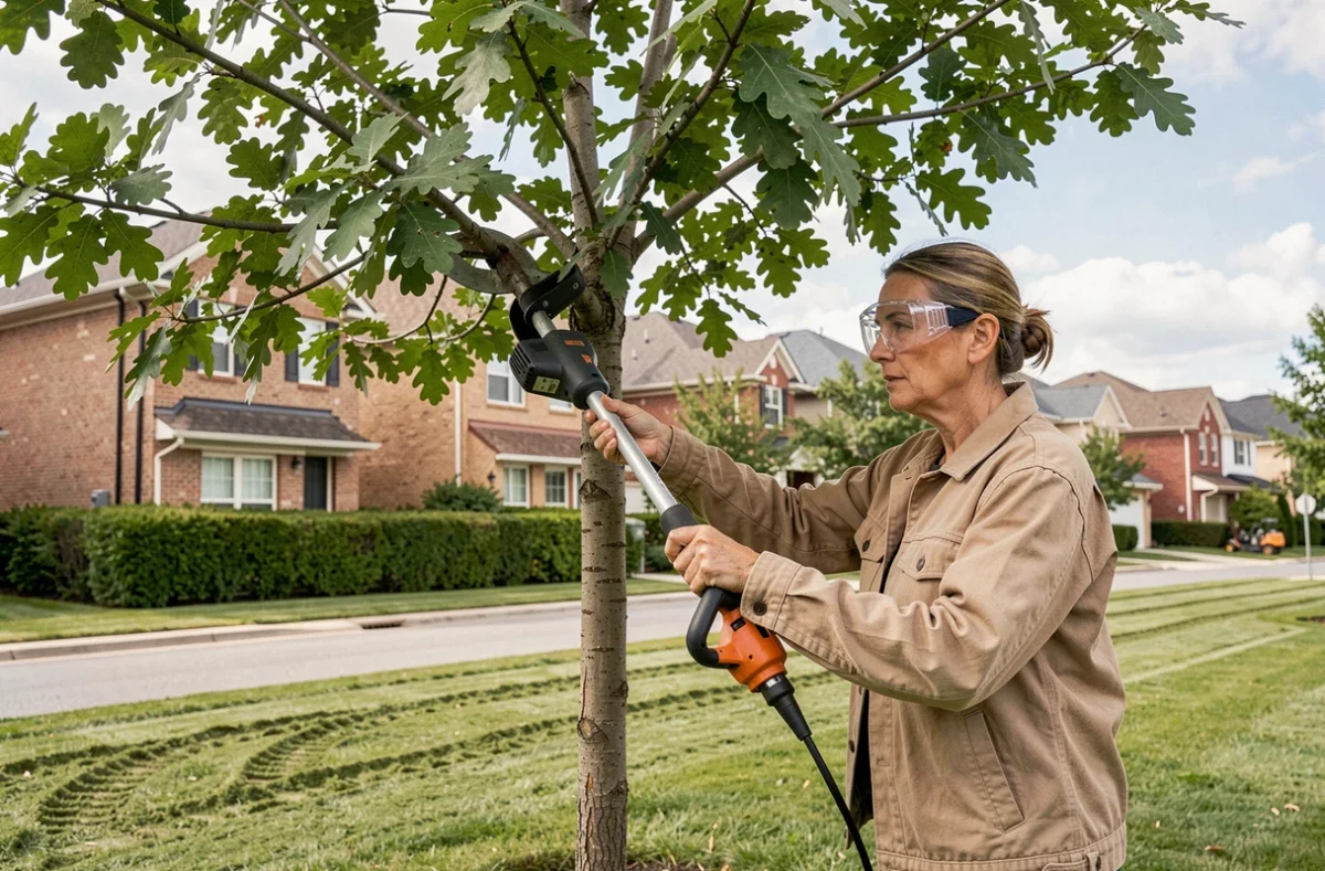 Paysagiste femme utilisant un élagueur télescopique pour tailler un jeune chêne dans un jardin résidentiel