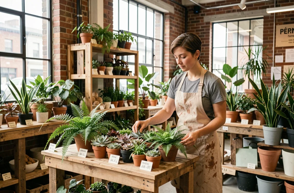 Pépine à Latresne, boutique végétale contemporaine dans un entrepôt réhabilité avec une collection de plantes rares arrangées sur des étagères en bois brut