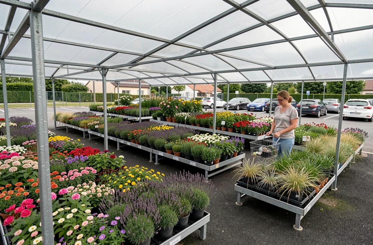 Pépinières Bontemps à Mérignac avec un large espace de vente extérieur rempli de plantes fleuries et de vivaces colorées