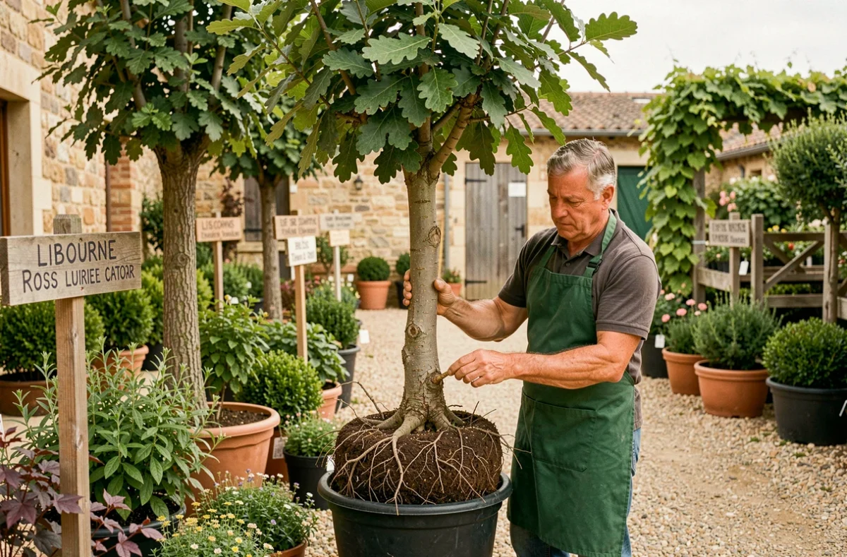 Pépinières Dupoirier à Libourne, pépiniériste examinant un arbre en pot parmi les allées de végétaux avec des panneaux artisanaux
