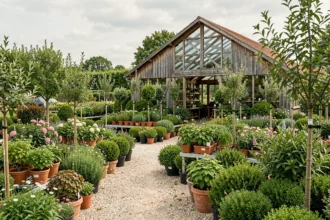 Vue d'ensemble d'une pépinière en Gironde avec des rangées de plantes en pot, arbustes fleuris et jeunes arbres dans un cadre verdoyant typique du Sud-Ouest