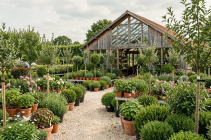 Vue d'ensemble d'une pépinière en Gironde avec des rangées de plantes en pot, arbustes fleuris et jeunes arbres dans un cadre verdoyant typique du Sud-Ouest