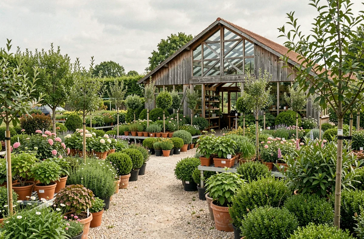 Vue d'ensemble d'une pépinière en Gironde avec des rangées de plantes en pot, arbustes fleuris et jeunes arbres dans un cadre verdoyant typique du Sud-Ouest