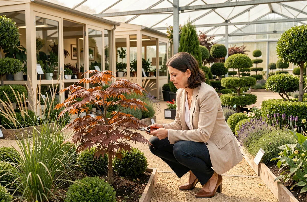Pépinières et Jardins d'Aquitaine à Mérignac, paysagiste examinant un érable japonais dans un jardin de démonstration paysagé avec topiaires et graminées