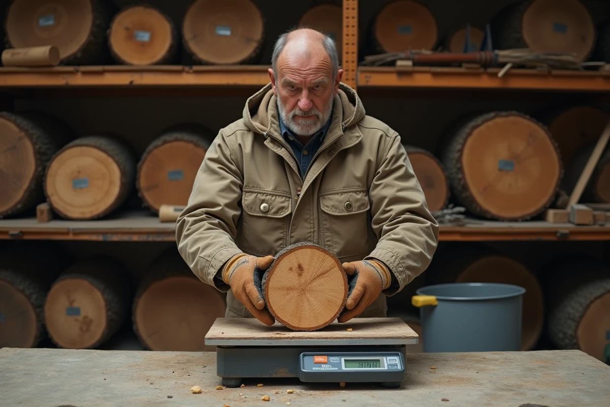 Homme pesant une bûche de chêne fendue sur une balance pour comparer le poids du bois de chauffage