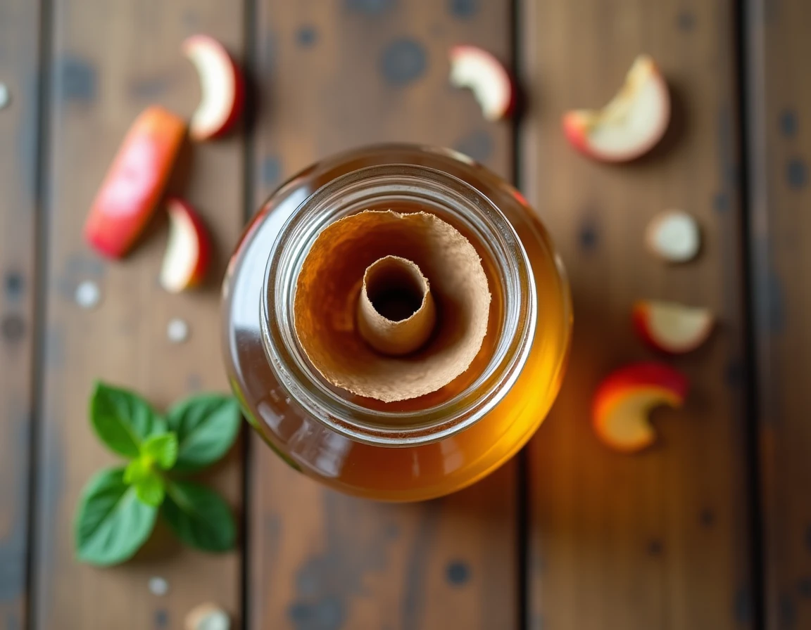 Vue du dessus d'un piège à moucherons express fait maison avec vinaigre, cône en papier et savon liquide sur table en bois rustique