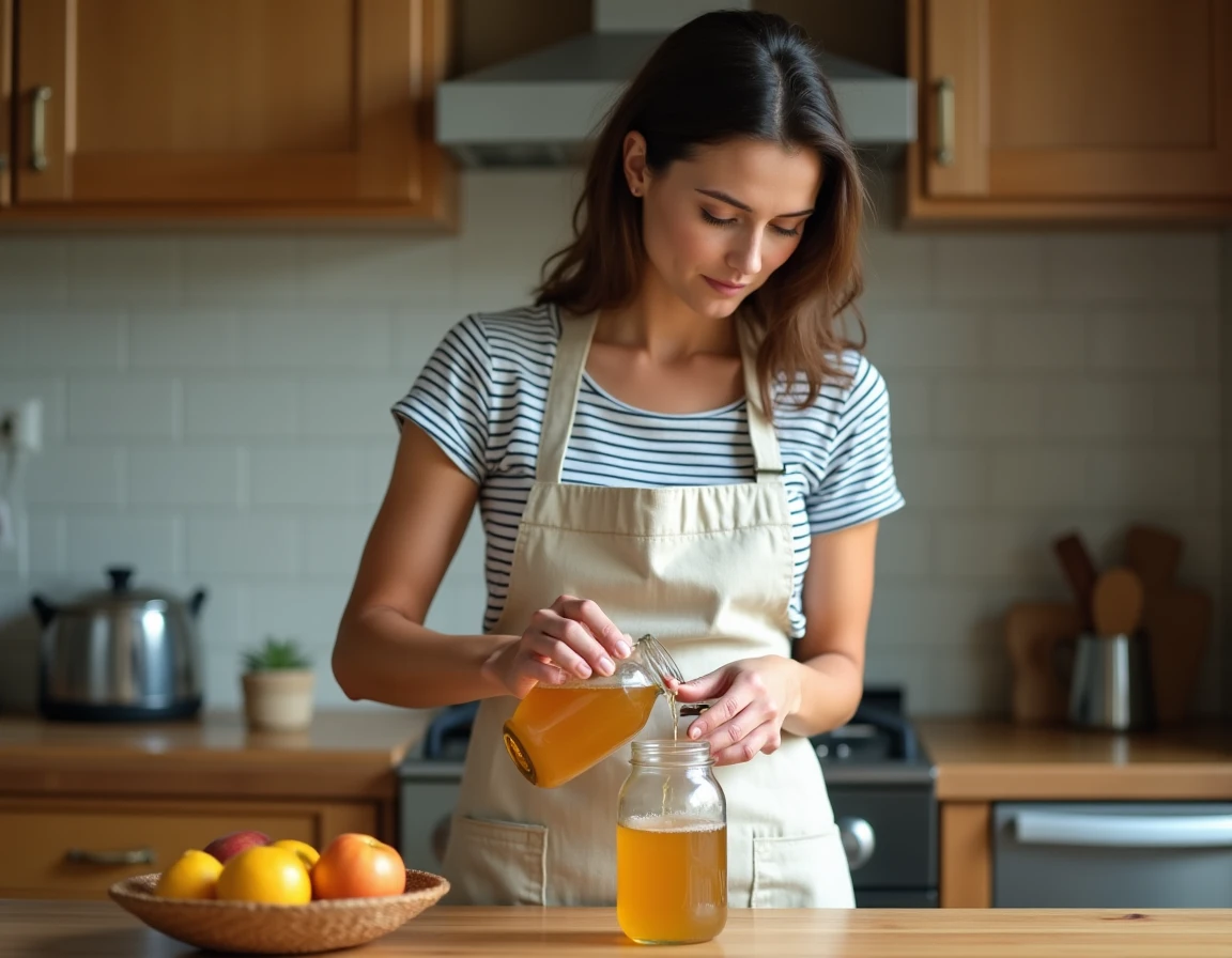 Femme préparant un piège à moucherons maison avec du vinaigre de cidre dans un bocal en verre sur un plan de travail en bois