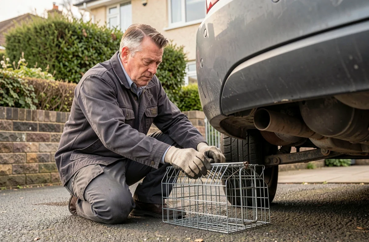 Technicien posant un piège à fouine sous une voiture dans une allée résidentielle pour protéger le moteur
