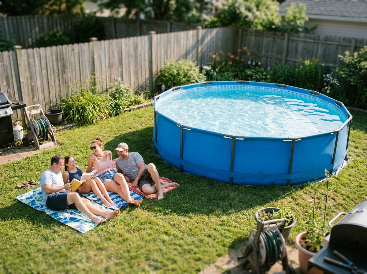 Piscine autoportée ronde installée dans un jardin de maison individuelle en été avec de l'eau bleue cristalline