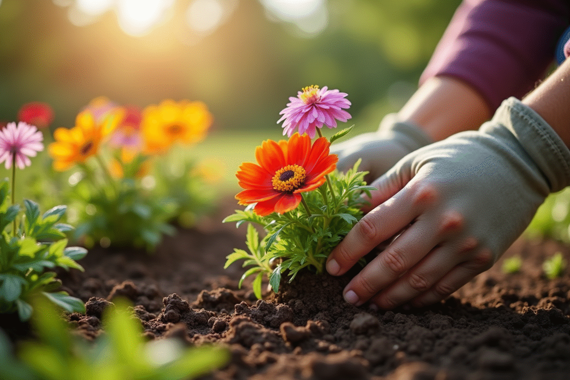 Mains de jardinier plantant anemone et aster en plein soleil