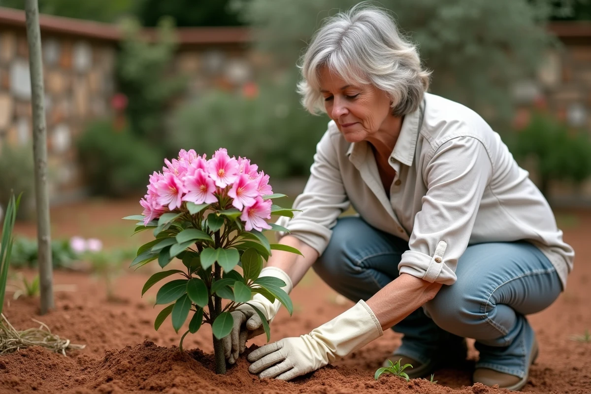 Femme plantant un rhododendron en pleine terre dans un jardin méditerranéen chaud, avec paillage et mur en pierre
