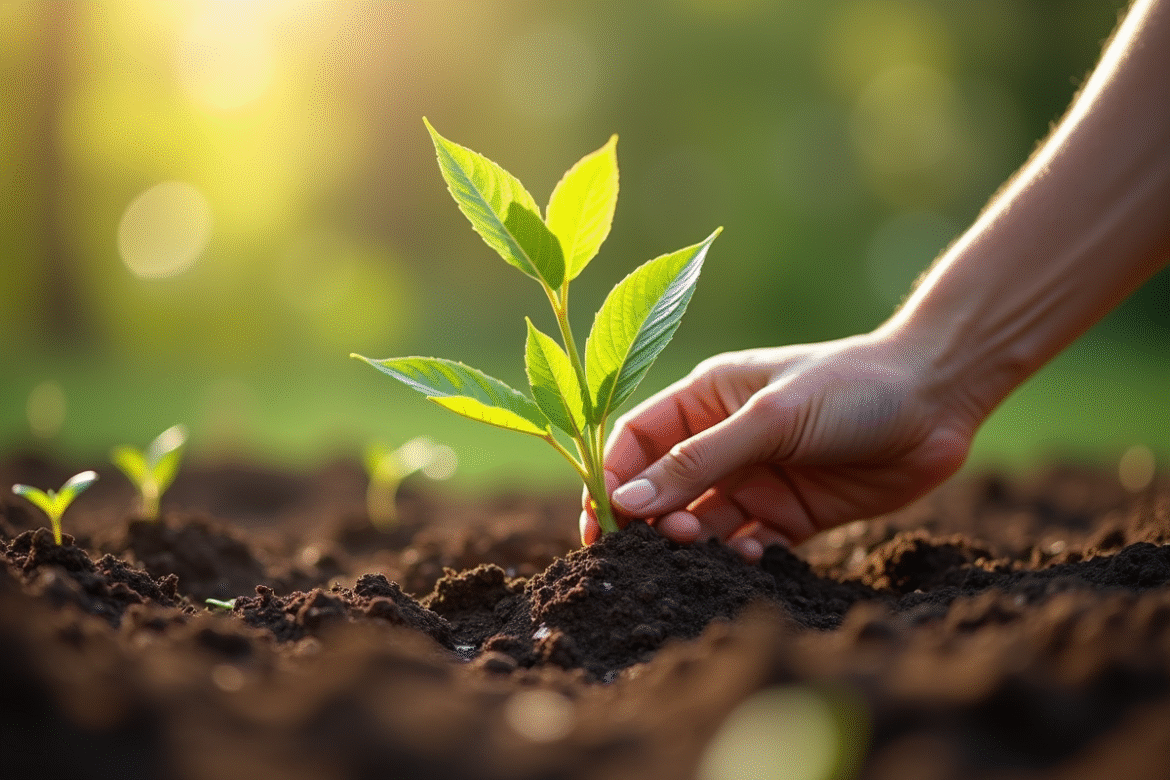 Main de jardinier plantant une graine dans un sol riche avec un jeune arbre en arrière-plan
