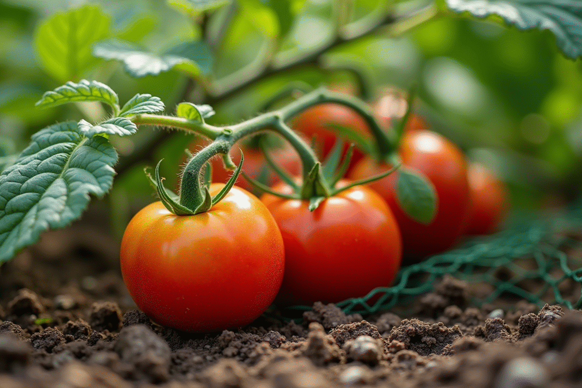 Plant de tomates dans un jardin avec protections naturelles