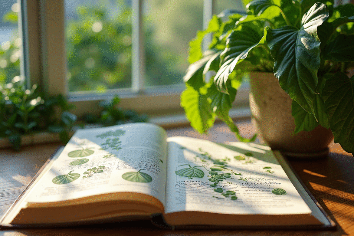 Plante verte à côté d'un livre de biologie ouvert avec illustrations botaniques