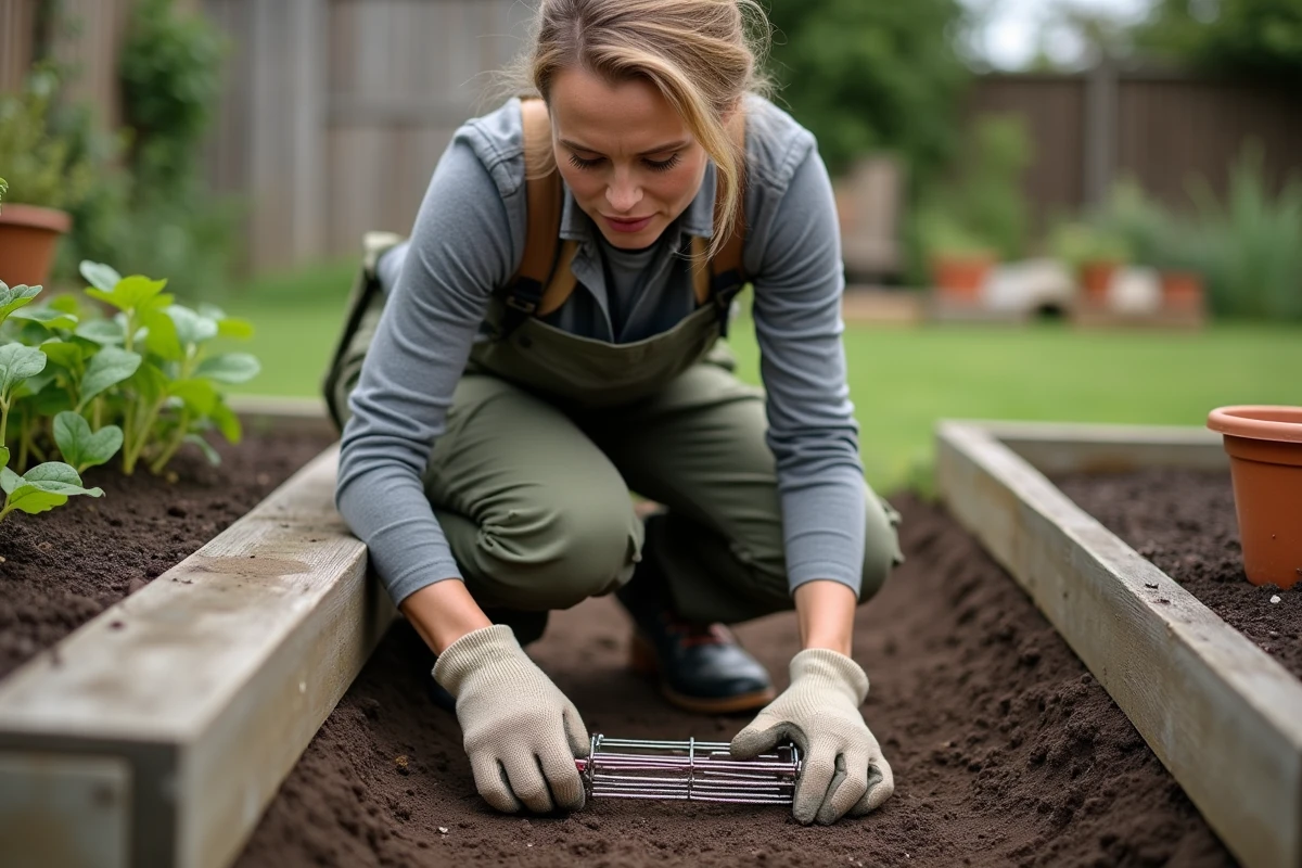 Femme installant un piège à taupe dans son potager pour lutter contre les nuisibles souterrains