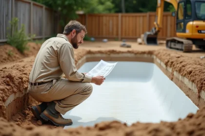 Installateur professionnel supervisant la pose d'une piscine coque en fibre de verre dans une excavation de jardin avec matériel de chantier