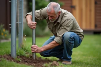 Homme posant un poteau de grillage sans ciment dans un jardin en utilisant un enfonce-pieu manuel